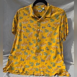 Uniqlo Mustard Yellow Button Up Shirt Womens Large Novelty Print Short Sleeve